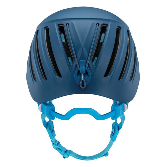 A blue Petzl BOREA climbing helmet from behind with ventilation holes and adjustable straps, and ponytail notch and headlamp strap