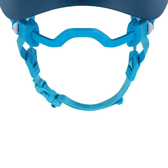 a close up of the chin strap and ponytail notch of the petzl BOREA climbing helmet