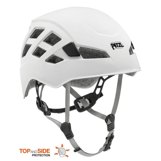 A white Petzl BOREO climbing helmet with ventilation holes and adjustable straps,