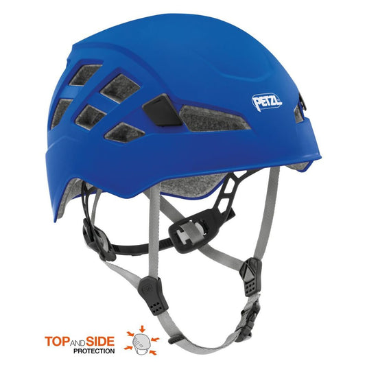 A blue Petzl BOREO climbing helmet with ventilation holes and adjustable straps,