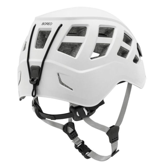 A white Petzl BOREO climbing helmet with ventilation holes and adjustable straps and headlight attachement,