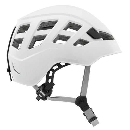 A white Petzl BOREO climbing helmet side profile with ventilation holes and adjustable straps,