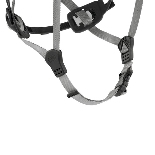 A close up of the chin straps of a Petzl BOREO Helmet
