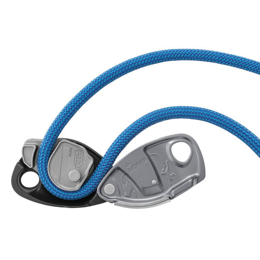 Petzl Gri Gri + - opened with blue rope threaded through