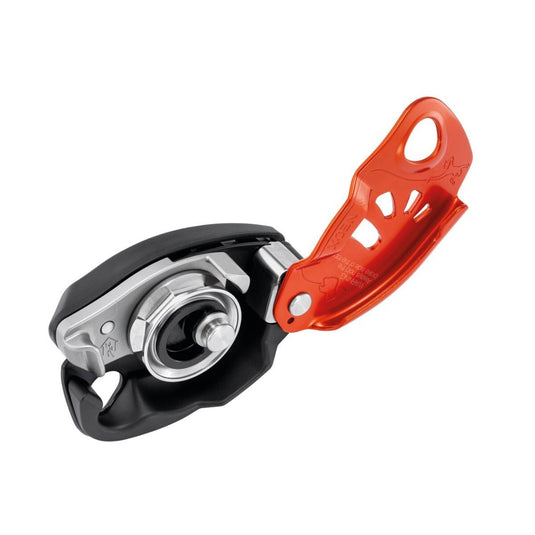 Petzl Neox Belay Device in Orange Open to see intergrated wheel
