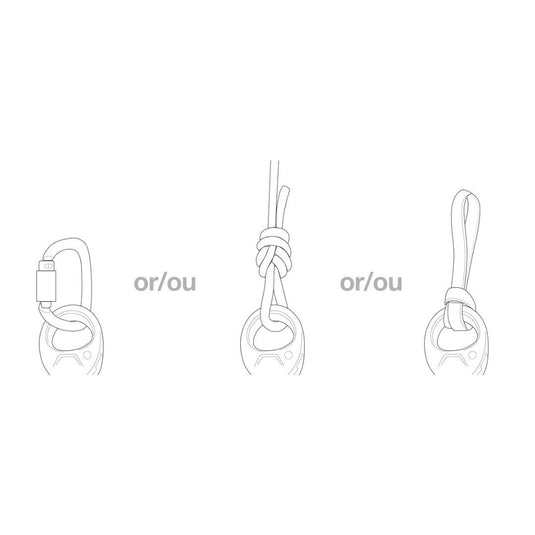 Drawing detailing different attachment methods, carabiner, rope and sling/cord