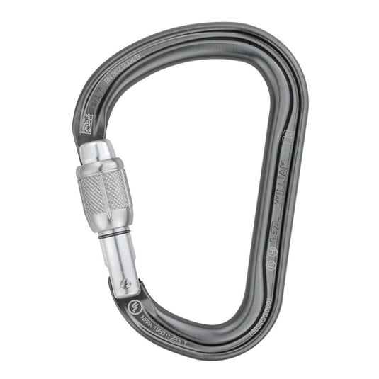 Locked Petzl William Screwgate carabiner in gray with no red band visible