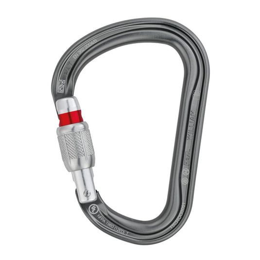 Unlocked Petzl William Screwgate carabiner in gray with red band visible