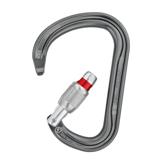 Open and unlocked Petzl William Screwgate carabiner in gray with red band visible