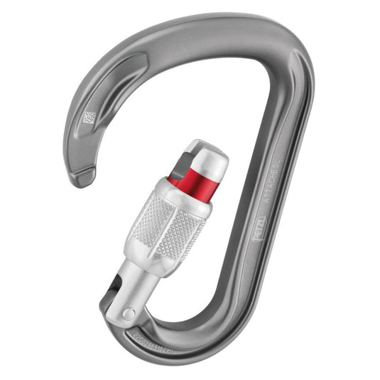 Open and Unlocked Petzl Attache Screw-Lock Carabiner with red band showing