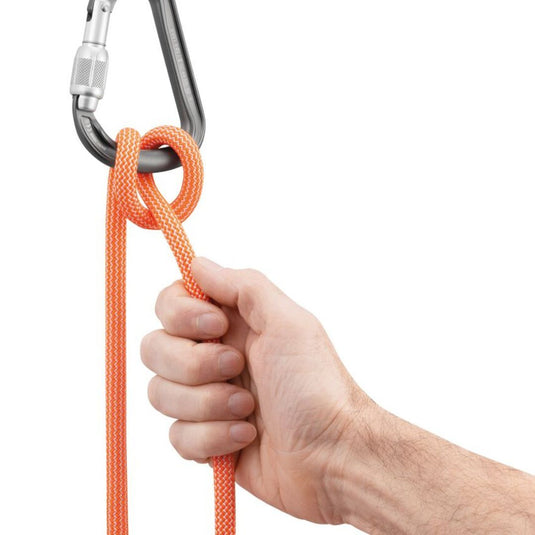Petzl Attache Screw-Lock Carabiner with orange rope clove-hitch tied to it
