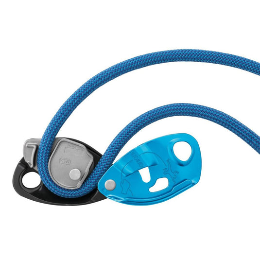 Petzl Gri Gri, opened, in Blue with blue rope threaded through