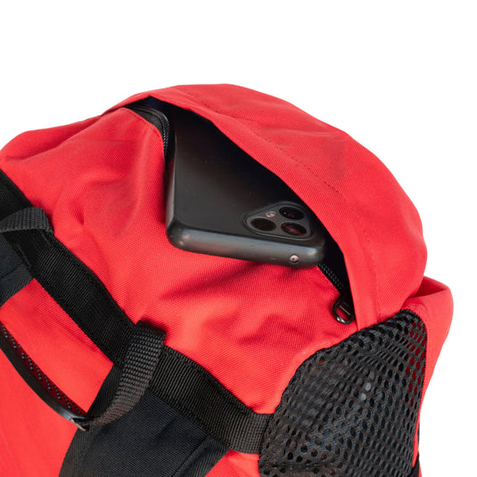 Psychi Rope Bag - Red - close up of zipped top pocket with phone inside