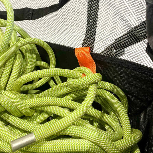 Psychi Belay with Green rope tied to inner tie in point