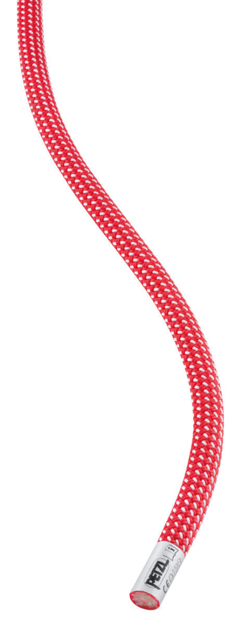 End of Petzl Arial climbing rope 9.5mm in reddish orange