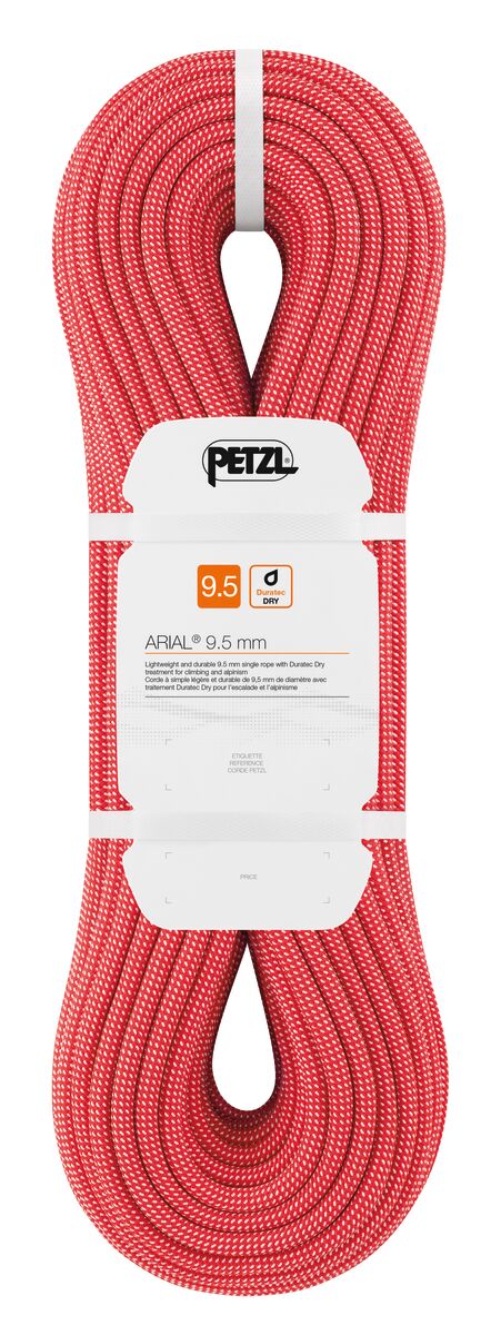 Petzl Arial climbing rope 9.5mm in reddish orange, coiled up in white packaging.