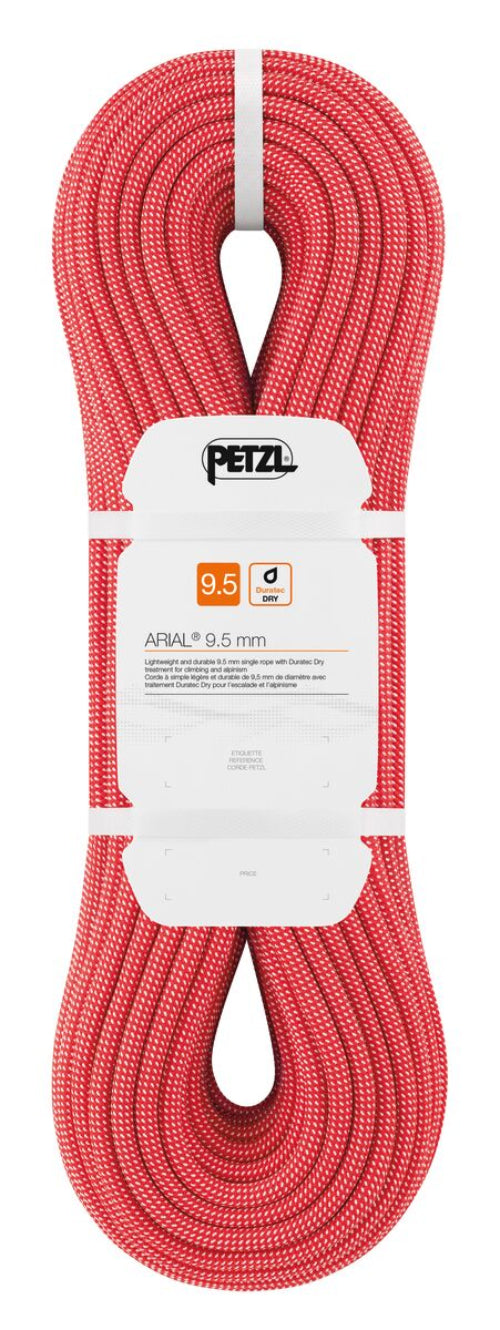 Petzl Arial climbing rope 9.5mm in reddish orange, coiled up in white packaging.