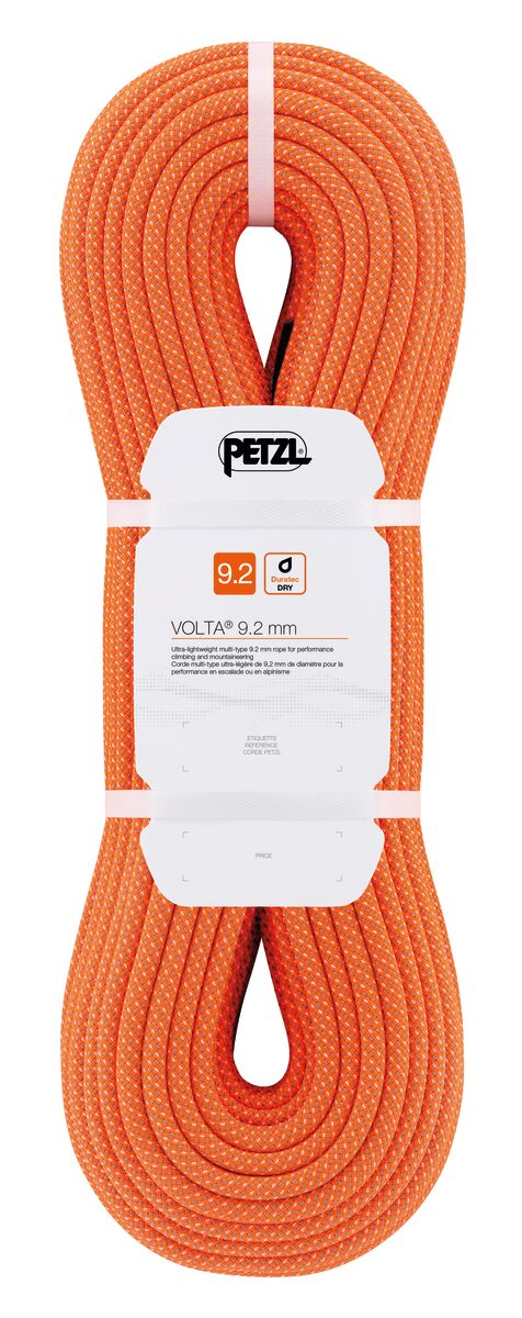 Petzl 9.2mm Volta Rope in Bright orange coiled up in packaging