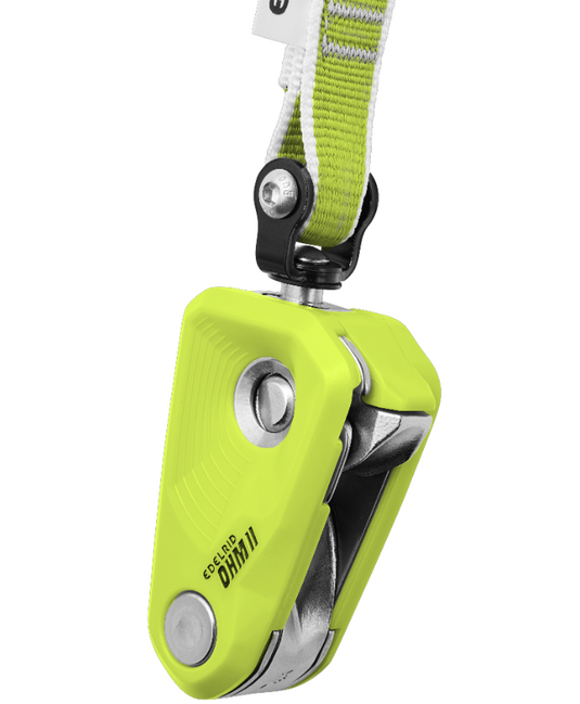 Close up of the Edelrid OHM II in lime green