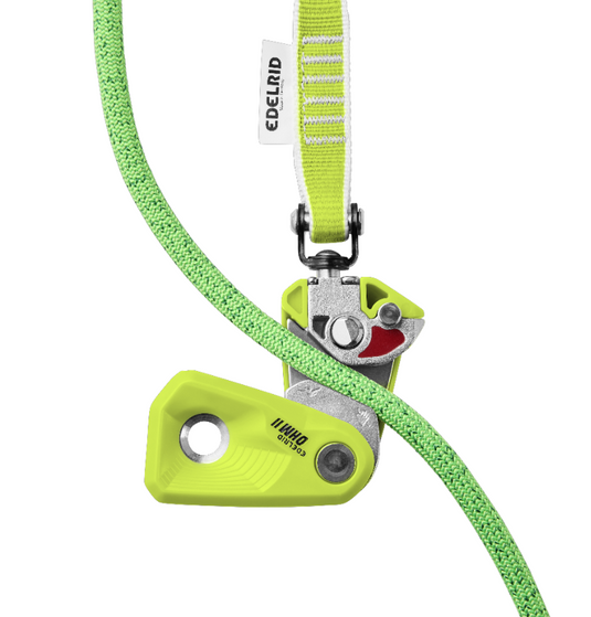 Edelrid OHM II in lime green, open, with green rope going through device