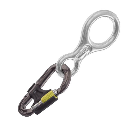 DMM Figure 8 abseil device with belay master carabiner attached