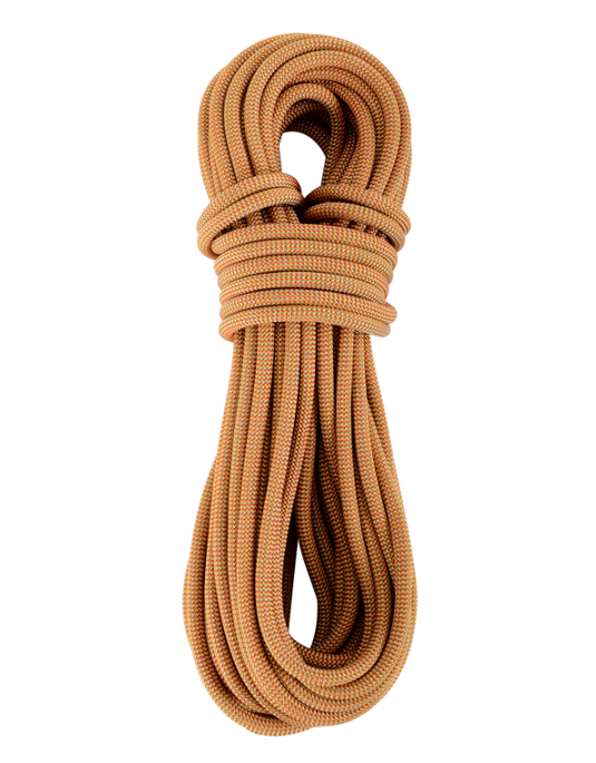 Orange Super Big Jim 10.5mm climbing rope coiled up with white background