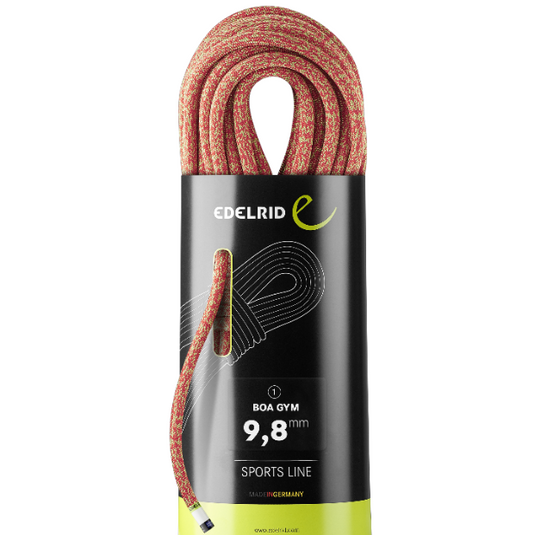 Red Edelrid BOA 9.8mm rope, coiled in black and green packaging