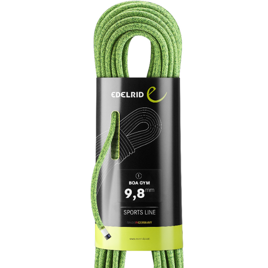 Green Edelrid BOA 9.8mm rope, coiled in black and green packaging