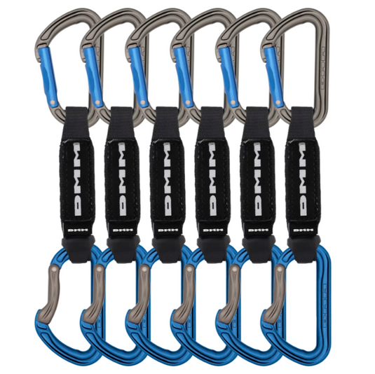 DMM Shadow Quickdraw - 12cm 6-pack - grey and blue biners with black dogbone with DMM logo