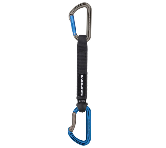 DMM Shadow Quickdraw - 18 cm single - grey and blue biners with black dogbone with DMM logo