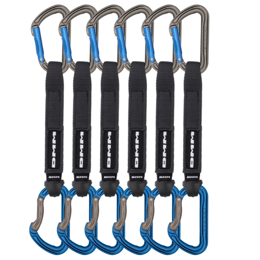 DMM Shadow Quickdraw - 18cm 6-pack - grey and blue biners with black dogbone with DMM logo