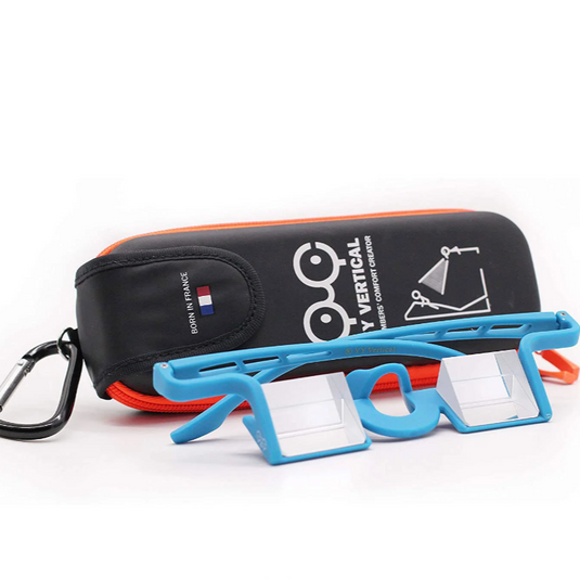 YY Plasfun EVO Belay Glasses in Blue laid infront of carry case