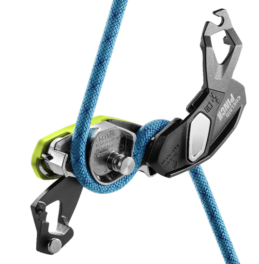 Edelrid Pinch Belay Device open with blue rope threaded through