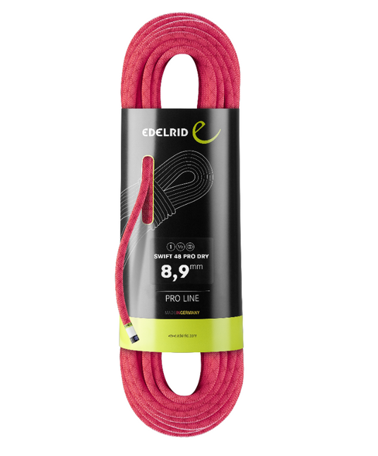 Pink Edelrid Swift 48 Pro Dry 8,9mm rope, coiled in black packaging