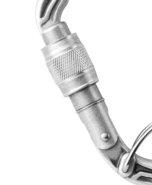 Close up of locking mechanisum on Edelrid HMS Bulletproof Screwgate FG Eco carabiner