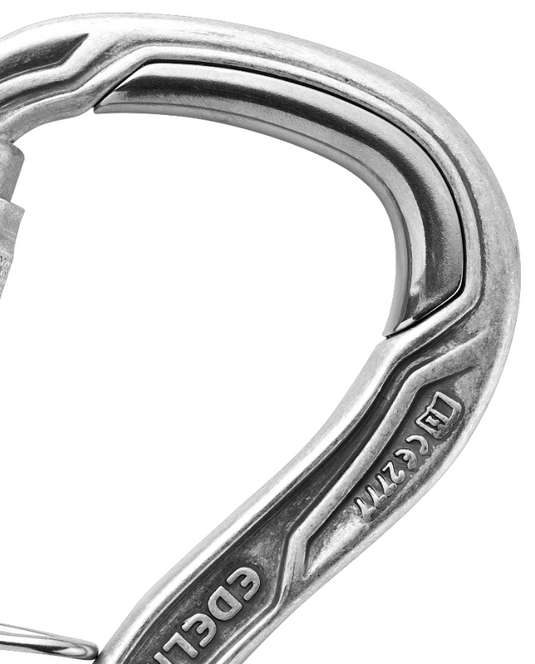 Close up of steel instert on Edelrid HMS Bulletproof Screwgate FG Eco carabiner