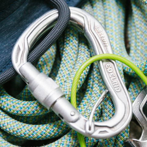 Edelrid HMS Bulletproof Screwgate FG Eco carabiner hanging from harness gear loop with juul 2 connected