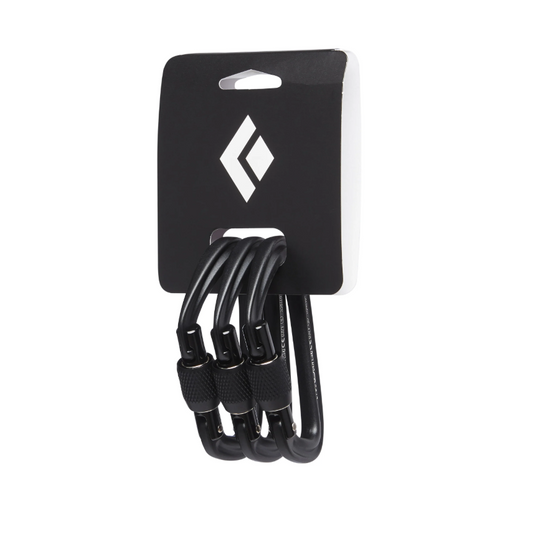 3-pack Black Diamond Hotforge Carabiners in black - attached to black packaging with BD logo