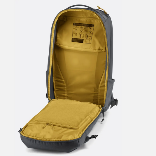 Rab Misfit 27L in ebony, open showing inside compartments