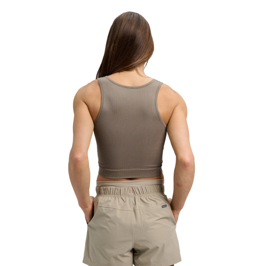 Black Diamond Seamless Rib Tank Cropped Vest in brown in wallnut worn by model facing away