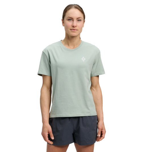 Black Diamond Women's Heritage Badge Short Sleeve Tee in agave - with BD logo on chest worn by model