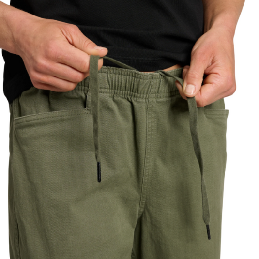 Black Diamond Womens Dirtbag Pants in tundraworn by model - close up of waist and drawstring closure