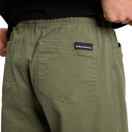 Black Diamond Womens Dirtbag Pants in tundra worn by model facing away - close up of back pockets