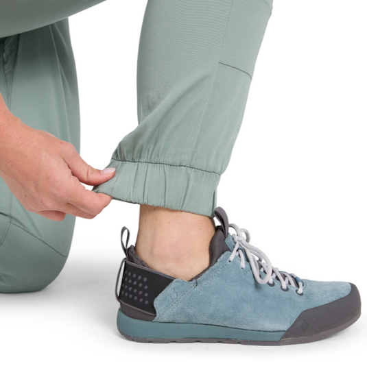 Black Diamond Womens Notion Pants - Agave - worn by model - close up of elasticated cuff
