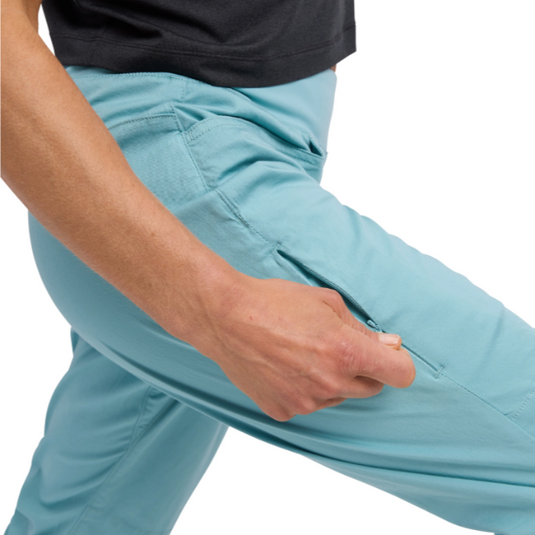 Black Diamond Notion SP pants - Glacier - worn by model showing side pocket on leg