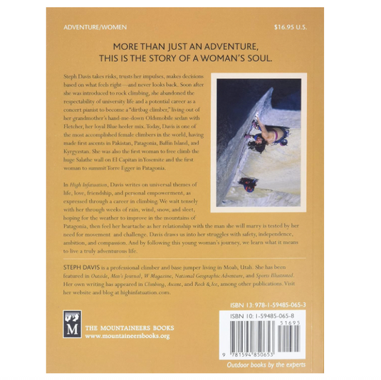 High Infactuation - A climbers Guide to love and gravity - Steph Davies. Back Cover Blurb and image