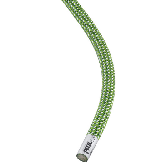 Close up of the end of a Petzl 9.8mm Contact wall climbing rope in green