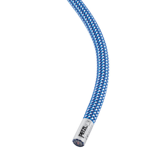 Close up of the end of a Petzl 9.8mm Contact wall climbing rope in blue