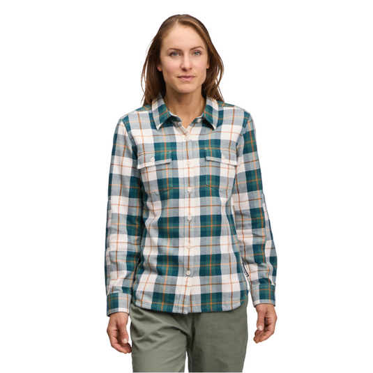 Black Diamonds Women's Project Twill Long Sleeve Shirt in Raging Sea-Henna worn by model