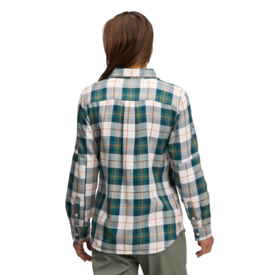 Black Diamonds Women's Project Twill Long Sleeve Shirt in Raging Sea-Henna worn by model turned away
